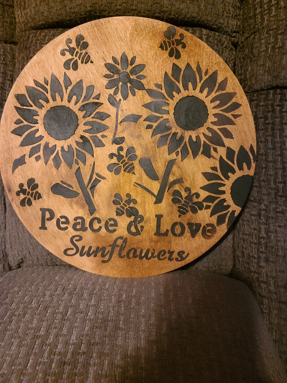 Peace & Love Sunflowers Wooden Wall Sign - Brown and Black